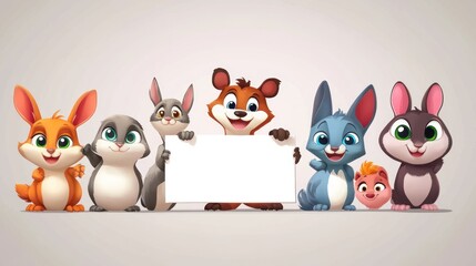 Obraz premium Cute cartoon animals holding a blank sign (1)