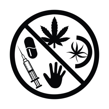 Circular silhouette logo with hand against drug abuse vector illustration