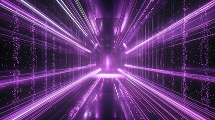 Fototapeta premium Abstract hypnotic beams of ultraviolet energy stretch across digital room with glowing LED rays and cosmic stripes forming a surreal stage