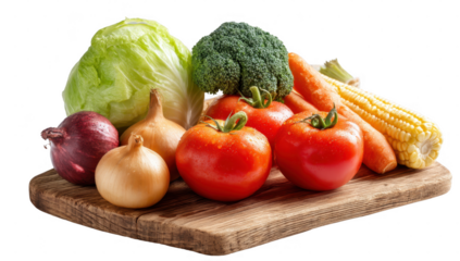 Vegetable group png isolated on chopping block no background for diet food purpose.
