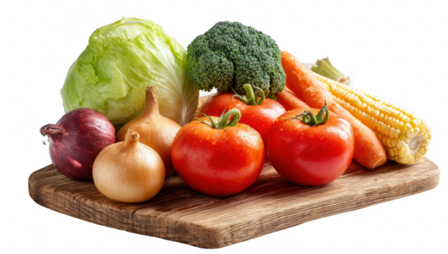 Vegetable group png isolated on chopping block no background for diet food purpose.