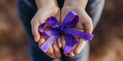 Hands holding purple ribbon bow