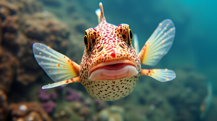 Adorable underwater trunkfish kissing the camera.