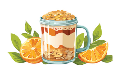 glass of caramel pudding with granola topping - vector illustration
