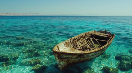 Obraz premium Sun-drenched view of an antiquated boat submerged in turquoise water.