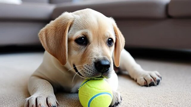 Playful Puppy with Tennis Ball: A charming Labrador retriever puppy fixates on a vibrant tennis ball. This heartwarming moment showcases the puppy's innocence and delight.