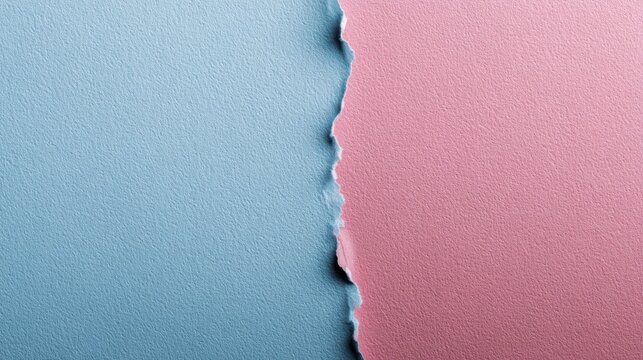 Torn paper texture revealing layered pink and blue hues, producing dramatic color contrast and textural depth with visual dynamism
