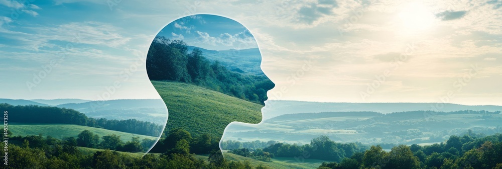 Poster a head is shown in a field with trees and grass. the head is surrounded by a green field and the sky