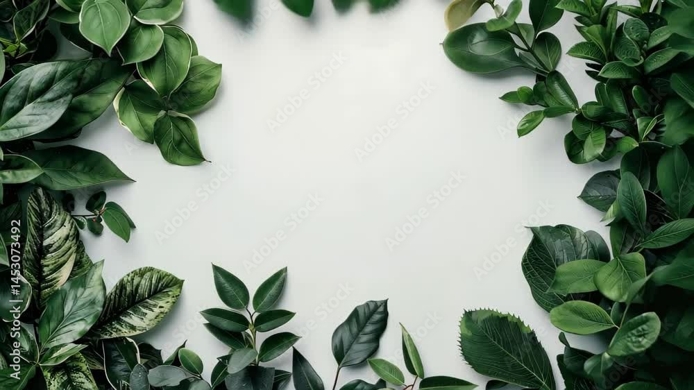 Poster Greenery Frame: An elegant display of various green leaves forms a natural frame, perfectly complementing the empty space within, ideal for text placement or highlighting a central element. 