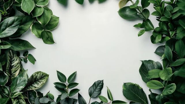 Greenery Frame: An elegant display of various green leaves forms a natural frame, perfectly complementing the empty space within, ideal for text placement or highlighting a central element. 