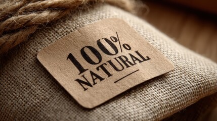 Natural 100 percent label attached to rough burlap sack, secured with twine, highlighting organic product origin and sustainable manufacturing approach