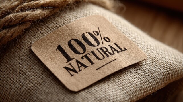 Natural 100 percent label attached to rough burlap sack, secured with twine, highlighting organic product origin and sustainable manufacturing approach