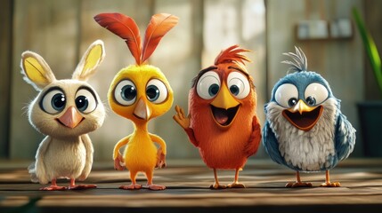 Cute cartoon birds and a bunny