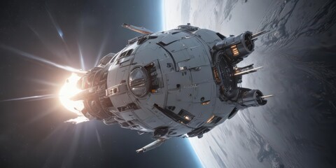 Sleek spacecraft orbiting luminous white planet  ,  satellite,  white space,  spacecraft silhouette