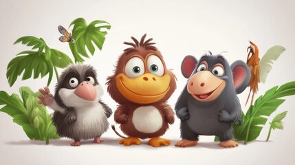 Fototapeta premium Cute cartoon birds and animals in a jungle setting