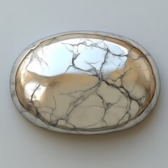 A metallic oval object with reflective and cracked surface details