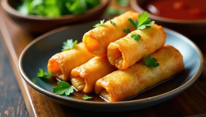 Fototapeta premium Crispy golden spring rolls, soy sauce dish, garnish, side dish, tasty