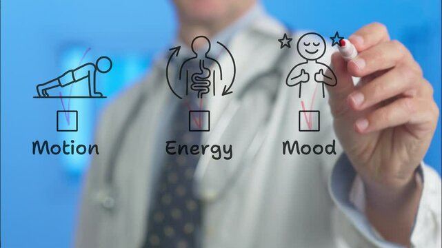 Professional medical practitioner interacting with digital transparent screen, marking health related parameters, radiating positive energy and wellness against vibrant blue background