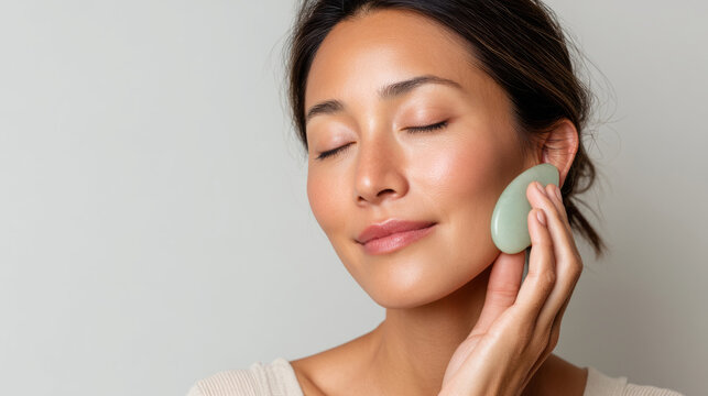 Relaxing facial massage with smooth guasha tool for skincare routine and beauty wellness