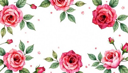Delicate watercolor roses & leaves, repeating pattern , leaves, design, red