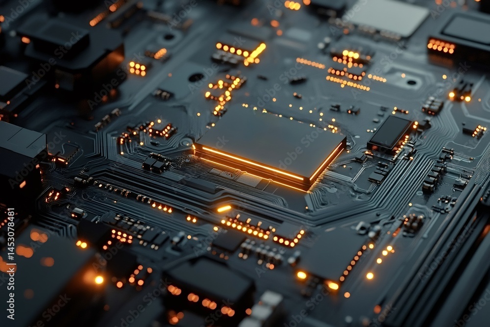 Poster close-up view of a futuristic printed circuit board featuring glowing orange lights, emphasizing the