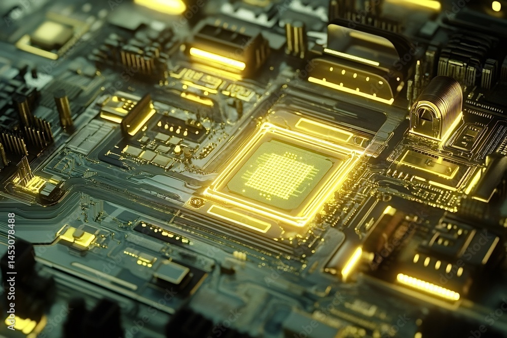 Poster close-up of a futuristic cpu glowing on a printed circuit board with golden electronic components, s