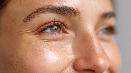 Detailed close-up macro of skin texture on cheek and forehead for dermatology and skincare analysis