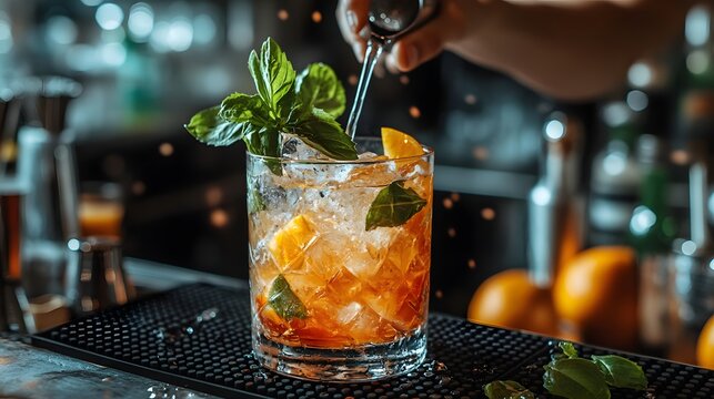 A bartender mixing a cocktail for a guest at the bar, skillfully pouring and garnishing the drink. The bar is filled with bottles and glasses, creating a lively and dynamic environment.