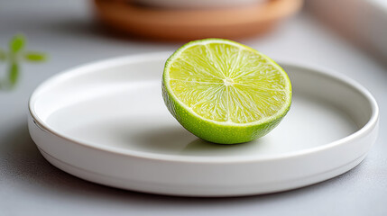 Fresh lime slice on white ceramic plate for culinary and kitchen design