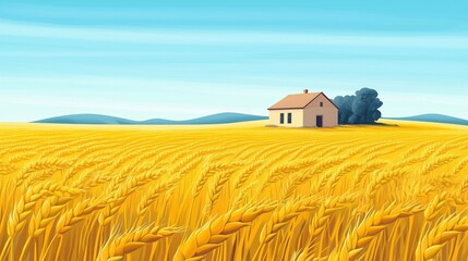 Golden Wheat Field with Farmhouse