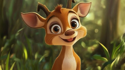 Fototapeta premium Cute cartoon deer in a lush forest