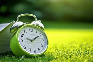 Green alarm clock on grass