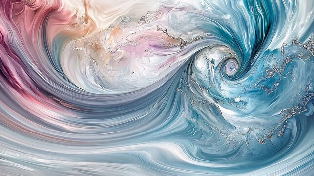 Chromatic swirl pastel pigment and soft water movement forming a fluid abstract design with glossy finish in modern business wallpaper