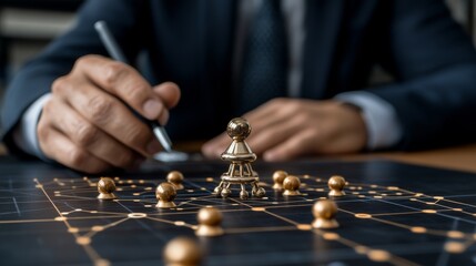 Focused professional strategizing on a network diagram.