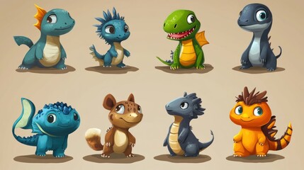 Naklejka premium Cute cartoon dragons and lizard characters