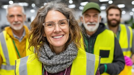 Smiling diverse workers in yellow vests stand closely