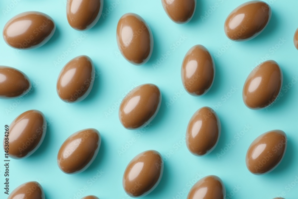 Poster chocolate candy shells in grid pattern on blue background.