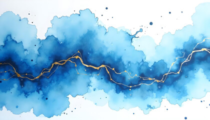 Obraz premium Luxurious blue and gold watercolor abstract background with fluid brush strokes and metallic texture effect, elegant modern design for invitations and branding