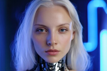 Futuristic woman with metallic neck, glowing blue background, for tech concepts