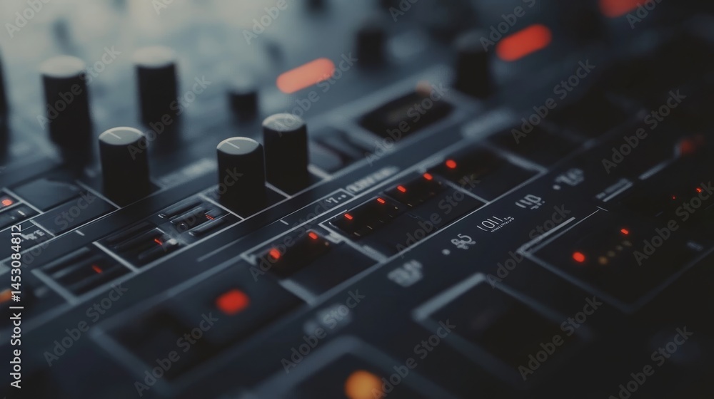Poster this is a close-up image of an audio mixing console with red lights. it's commonly used in music rec