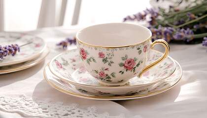 Fototapeta premium Traditional English afternoon tea at the manor, teatime scenes with floral porcelain, sweet treats, and romantic settings in country manor lounges and garden rooms, evoking gentle
