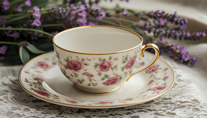 Fototapeta premium Traditional English afternoon tea at the manor, teatime scenes with floral porcelain, sweet treats, and romantic settings in country manor lounges and garden rooms, evoking gentle