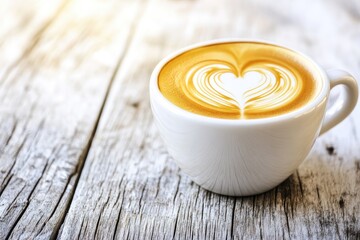 Latte art on rustic wooden table