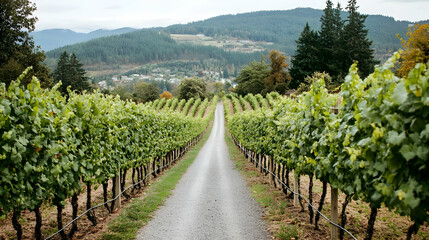 Fototapeta premium Scenic Vineyards: A Serene Gravel Path through Rows of Grapes with Mountain Views