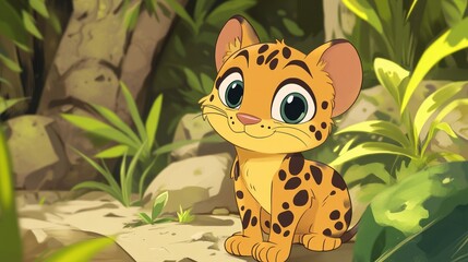 Cute cartoon jaguar cub in jungle
