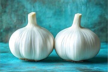 Obraz premium Two Garlic Bulbs on Teal Background: A Culinary Still Life