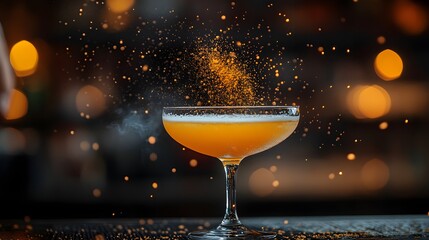 A bartender shaking a cocktail shaker to mix ingredients, creating a signature cocktail for a customer. The lively bar environment and the bartender skill are captured.