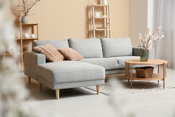 Interior of room with sofa, shelves and blooming branches