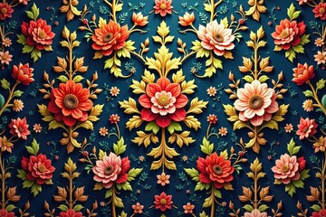 Intricate floral damask textile design, ornate repeating details, style, arabesque, botanical