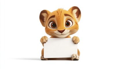Fototapeta premium Cute cartoon lion cub holding blank sign